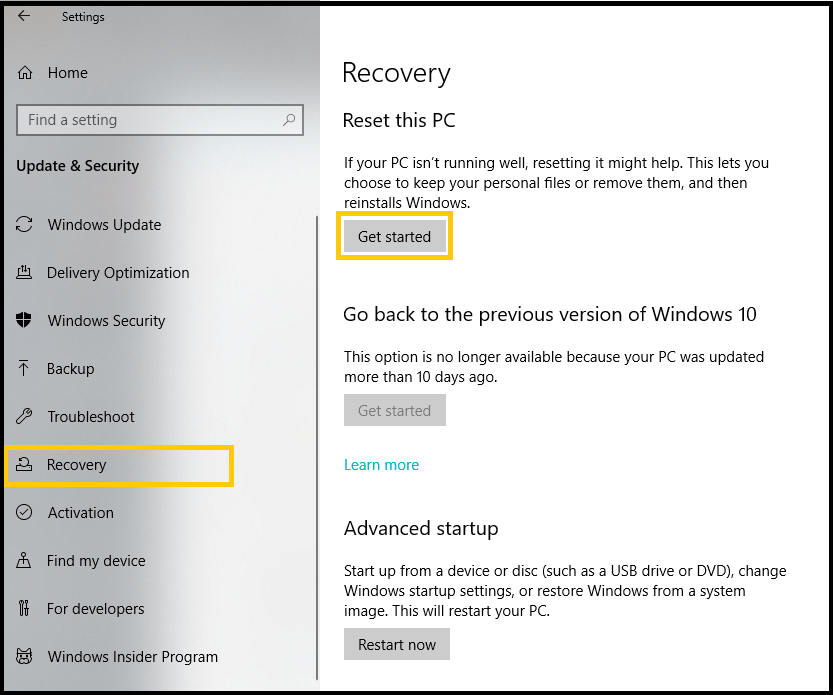 сбросить Windows 10 до заводских настроек по умолчанию