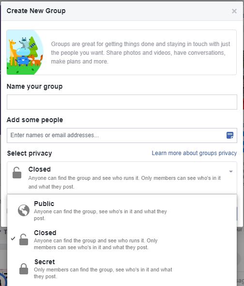 выбрать-группу-конфиденциальность | создать группу в фейсбуке
