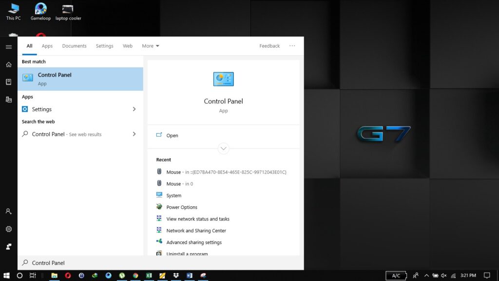 панель управления поиском в меню